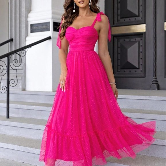 Pink Casual Womens Tie Shoulder Ruched Bust Ruffle Hem Mesh Overlay Cami Dress - Picture 3 of 5